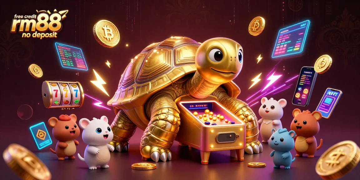 Engage with free credit rm88 no deposit at this fun casino scene featuring a colossal tortoise and joyful animals.