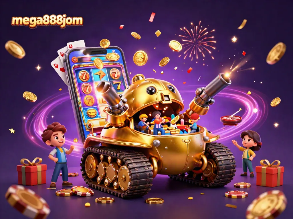 Engage with mega888jom's dynamic casino games in a vibrant 3D celebration scene.