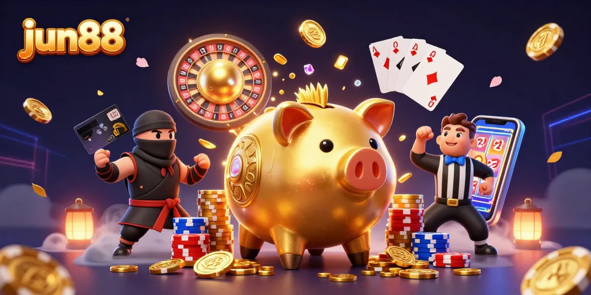 Join the excitement at Jun88 with dynamic golden coins, a sumo wrestler, and a ninja in action.