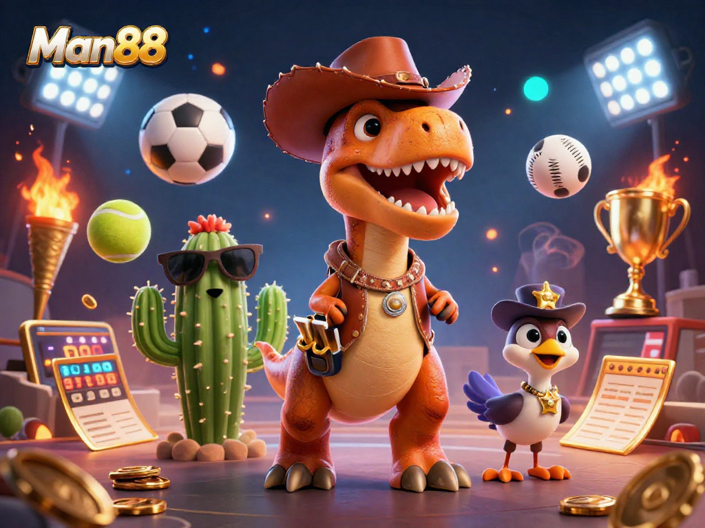 Engage with thrilling gameplay at Man88 with dynamic sports betting scenes featuring exciting characters.