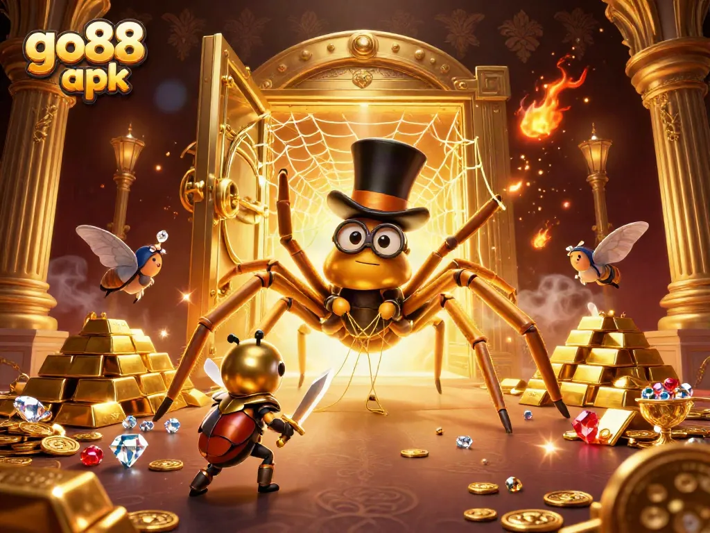 Engage in the adventure of go88 apk with a golden tarantula and brave beetle knight in a vibrant casino scene.