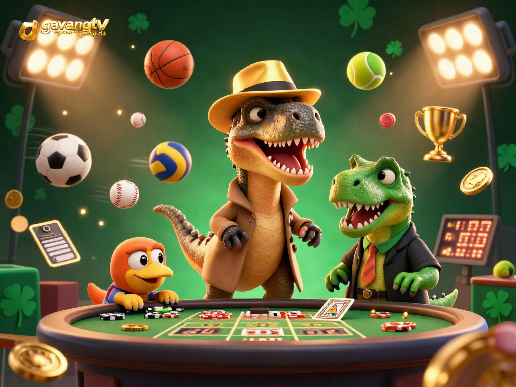 Experience sports excitement with gavangtv trực tiếp bóng đá as a dinosaur card counter and a pit boss at a vibrant betting scene.