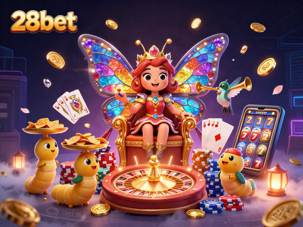 Experience excitement at 28bet with vibrant casino elements featuring a butterfly queen.
