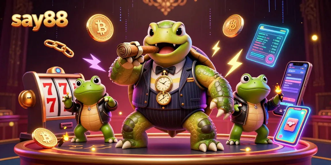 Experience thrilling gaming at say88 with a cartoon turtle mobster and casino action.