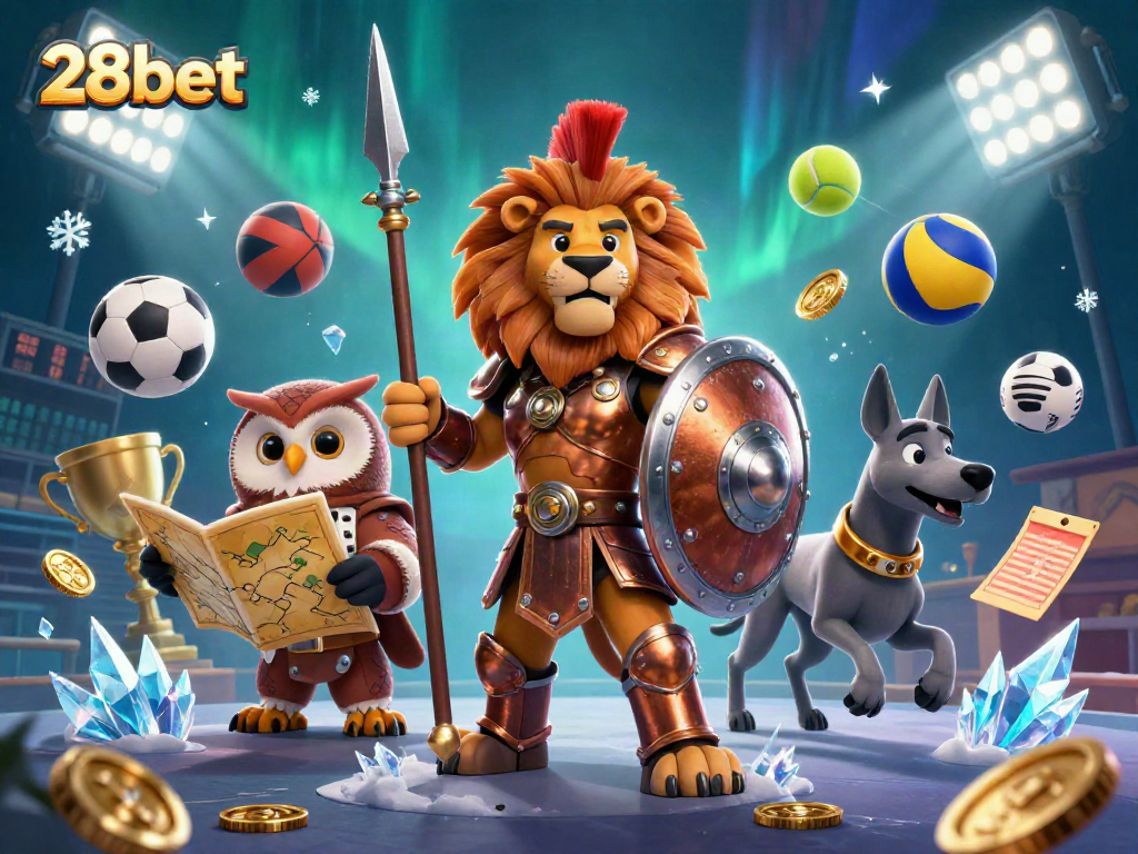 Winner takes it all at 28bet with sports balls and luxury rewards in stunning illustration.