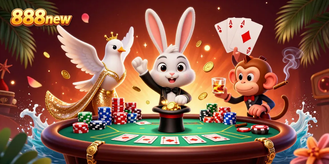 Join the action at 888new, where a magician rabbit, dove, and monkey entertain at a dynamic poker table.