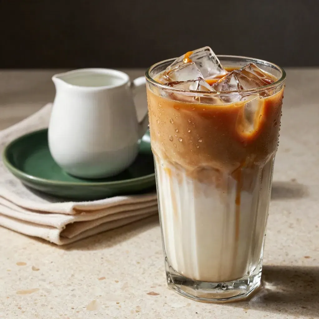 Latte ais berais dalam gelas tinggi dengan jug susu dan serbet di atas batu travertin.