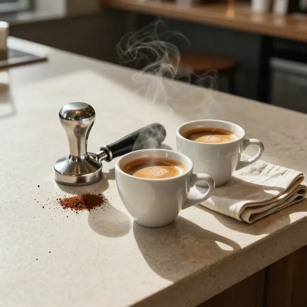 Dua shot espresso panas dalam cawan seramik putih bersama tamper dan serbet linen di kaunter kafe.