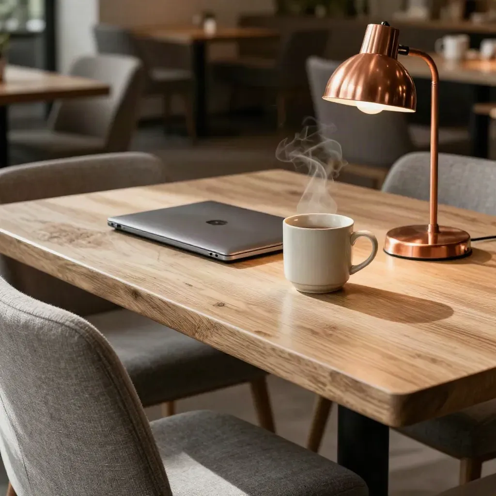 Sudut kerja kafe yang tenang dengan laptop tertutup, cawan seramik dan lampu meja tembaga.