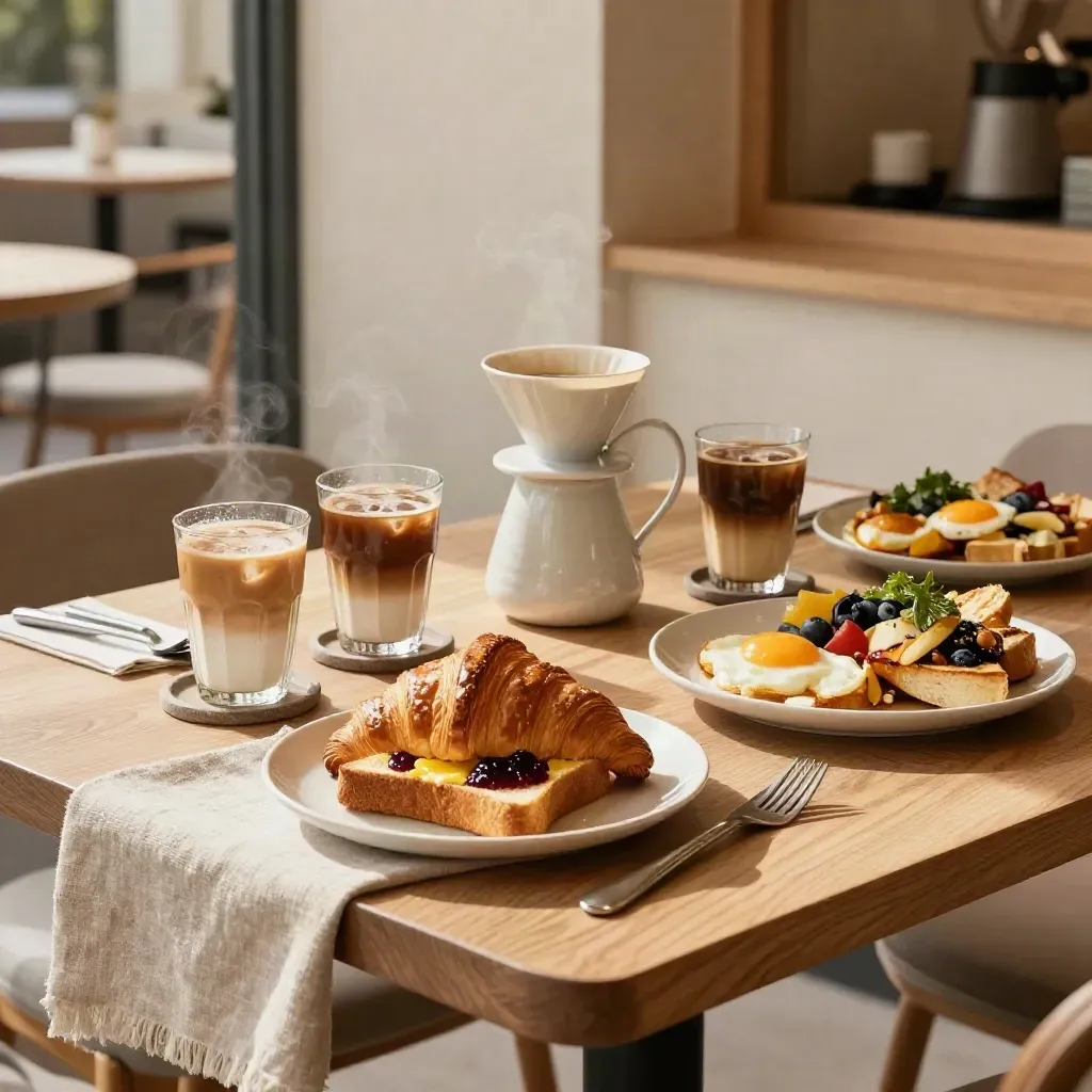 Hidangan brunch santai dengan pastri, toast dan latte ais di meja kayu cerah.