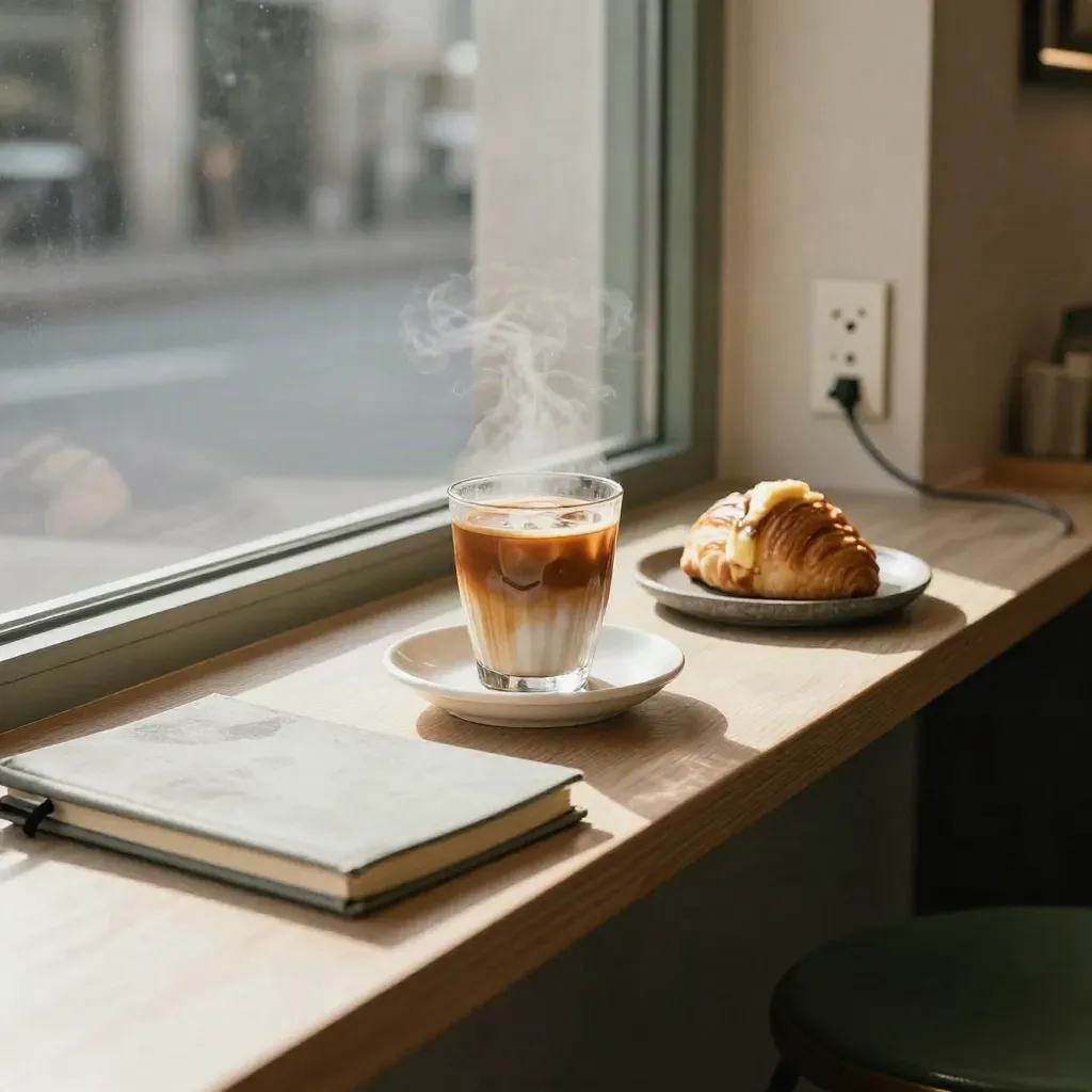 Counter pagi dengan espresso, iced latte, pastri dan buku nota tertutup di tingkap kafe.