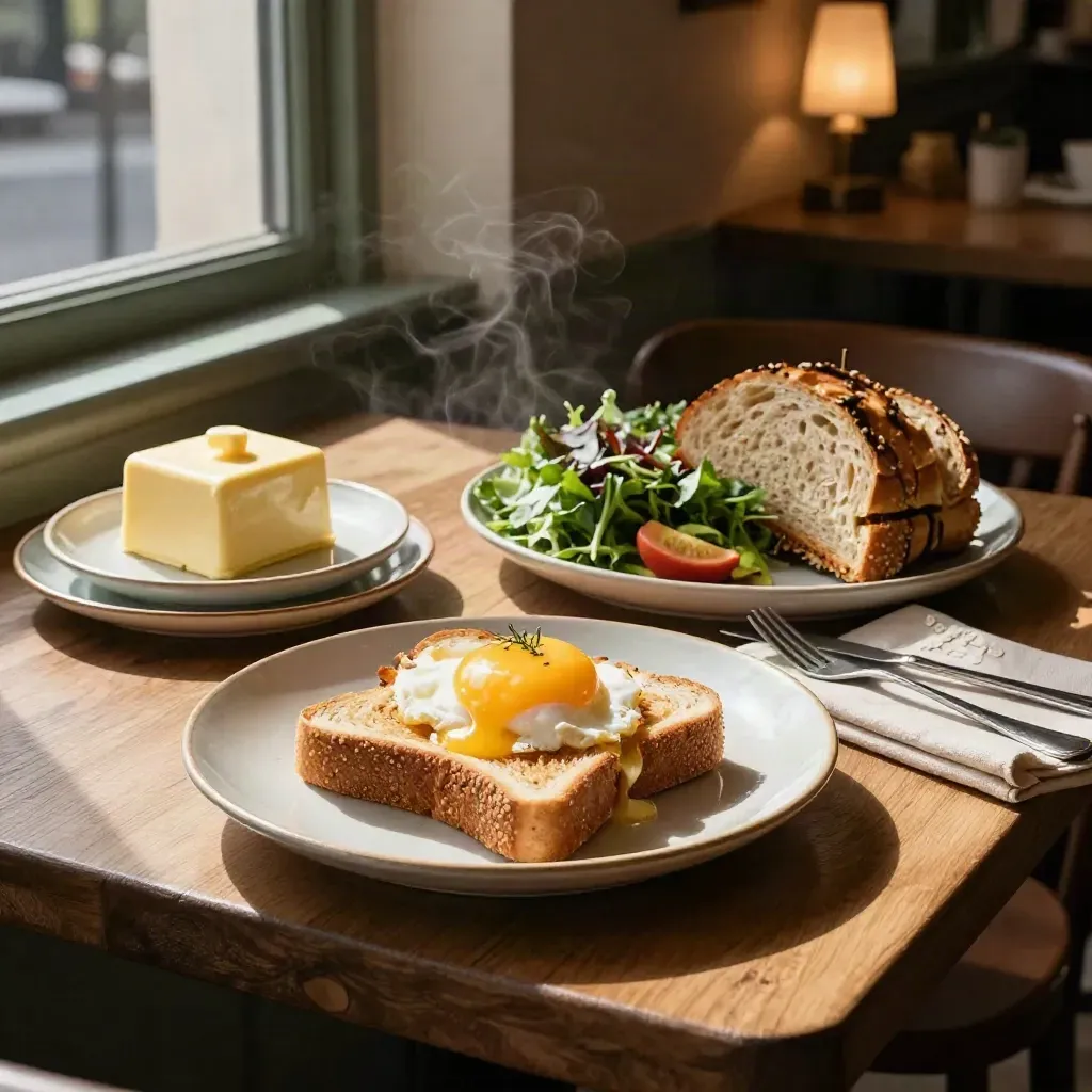 Set brunch santai dengan toast, telur, sandwic, salad dan mentega di kafe hangat.