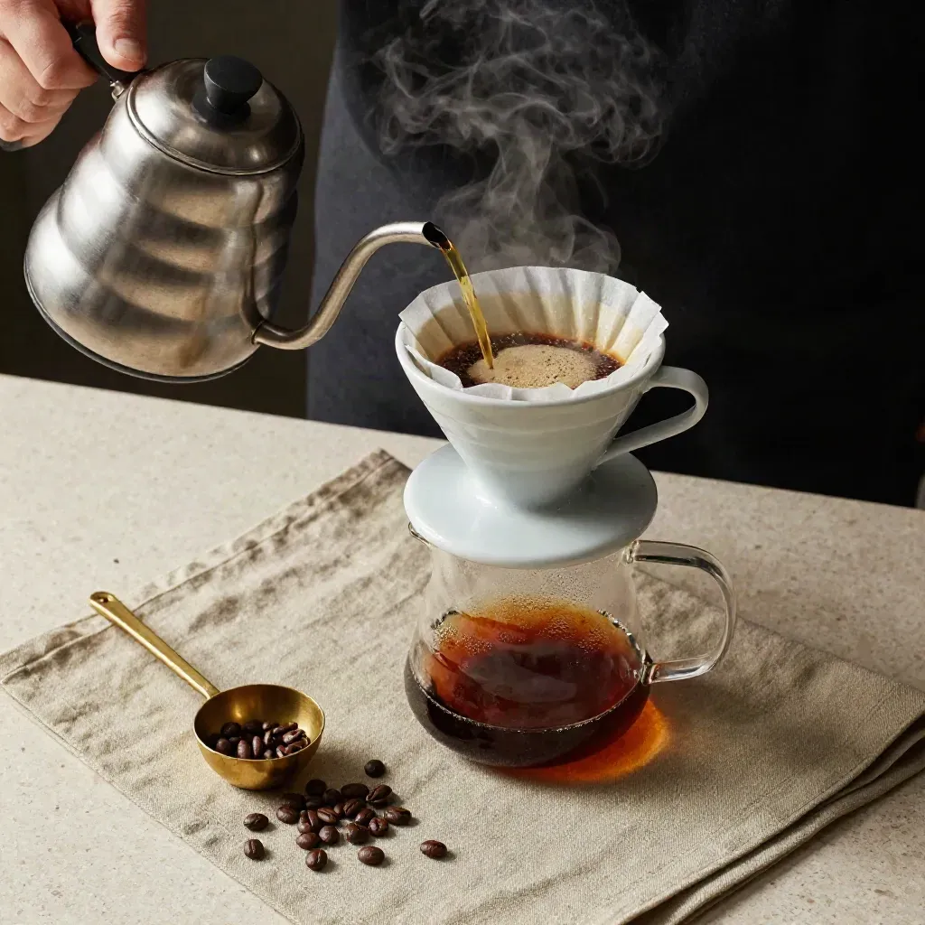 Set barista pour-over: kendi leher angsa, dripper V60, server kaca dan biji kopi berwap.