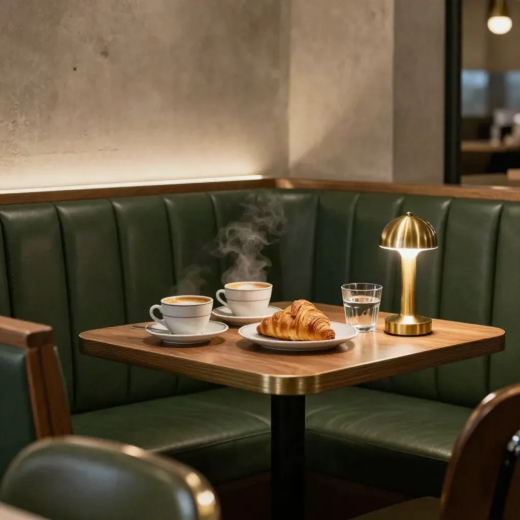 Ruang booth kafe tenang dengan dua cawan kopi, pastri, gelas air dan lampu kecil.