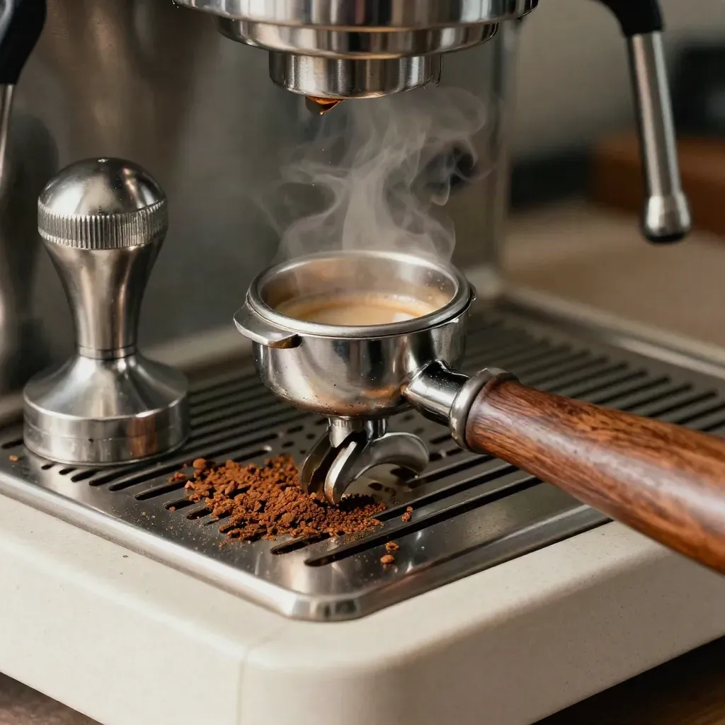 Makro portafilter, tamper dan bekas ketuk di atas dulang espresso dengan serbuk kopi halus.