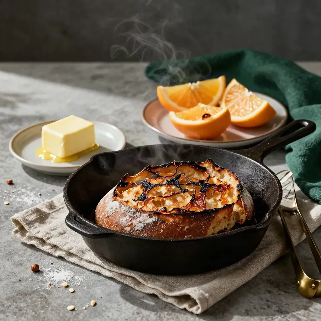 Skillet panas, roti sourdough, mentega dan hirisan sitrus di papan linen hijau gelap