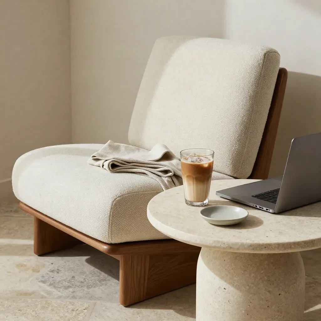 Kerusi santai, meja bulat, kopi ais dan laptop tertutup di sudut lounge yang tenang.