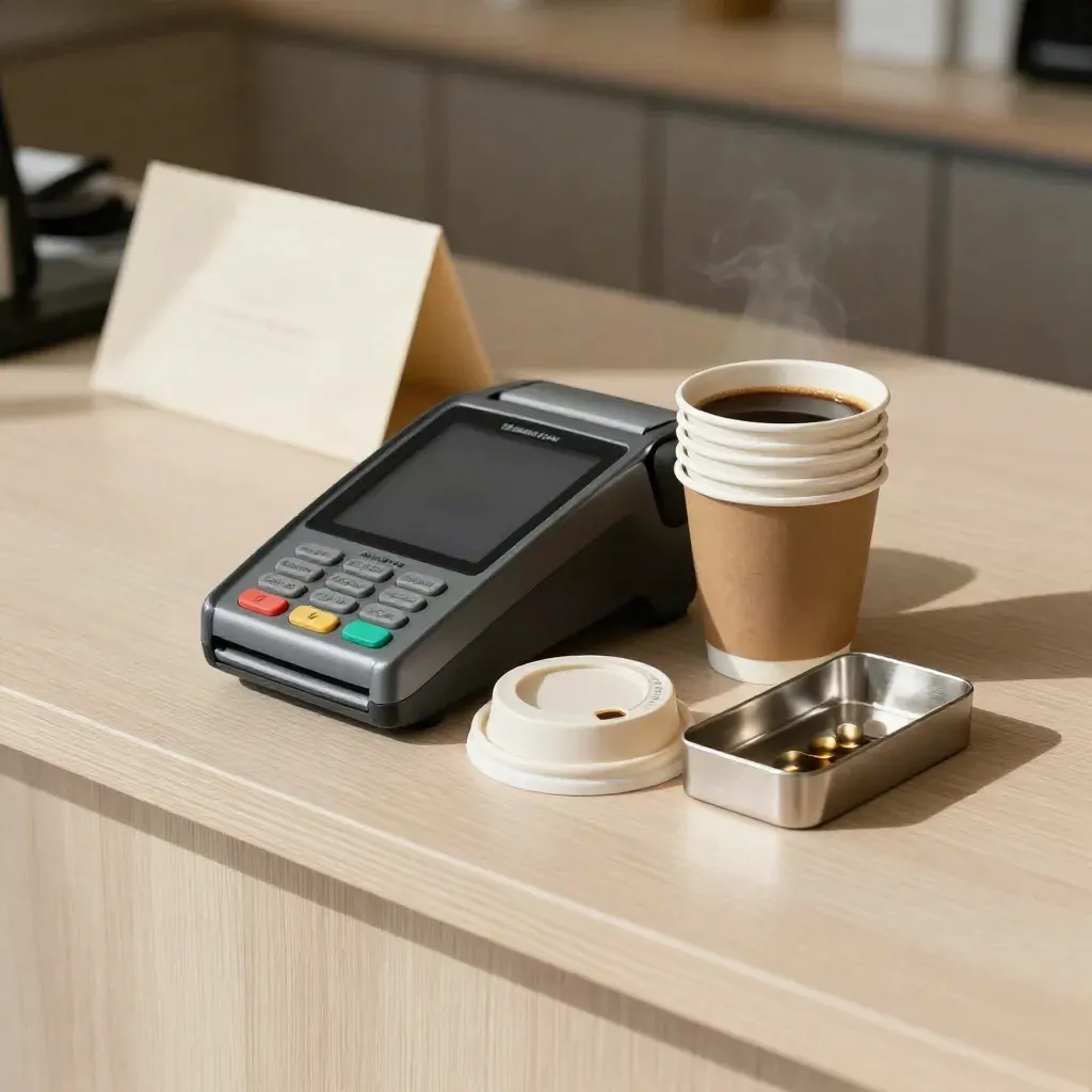 Terminal bayaran, cawan bertindan dan dulang syiling kemas di kaunter kafe.