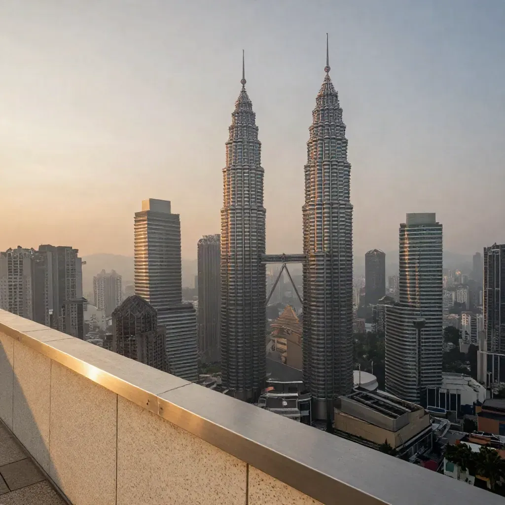 Pemandangan udara Kuala Lumpur ketika senja, menara Petronas di atas kabus keemasan.