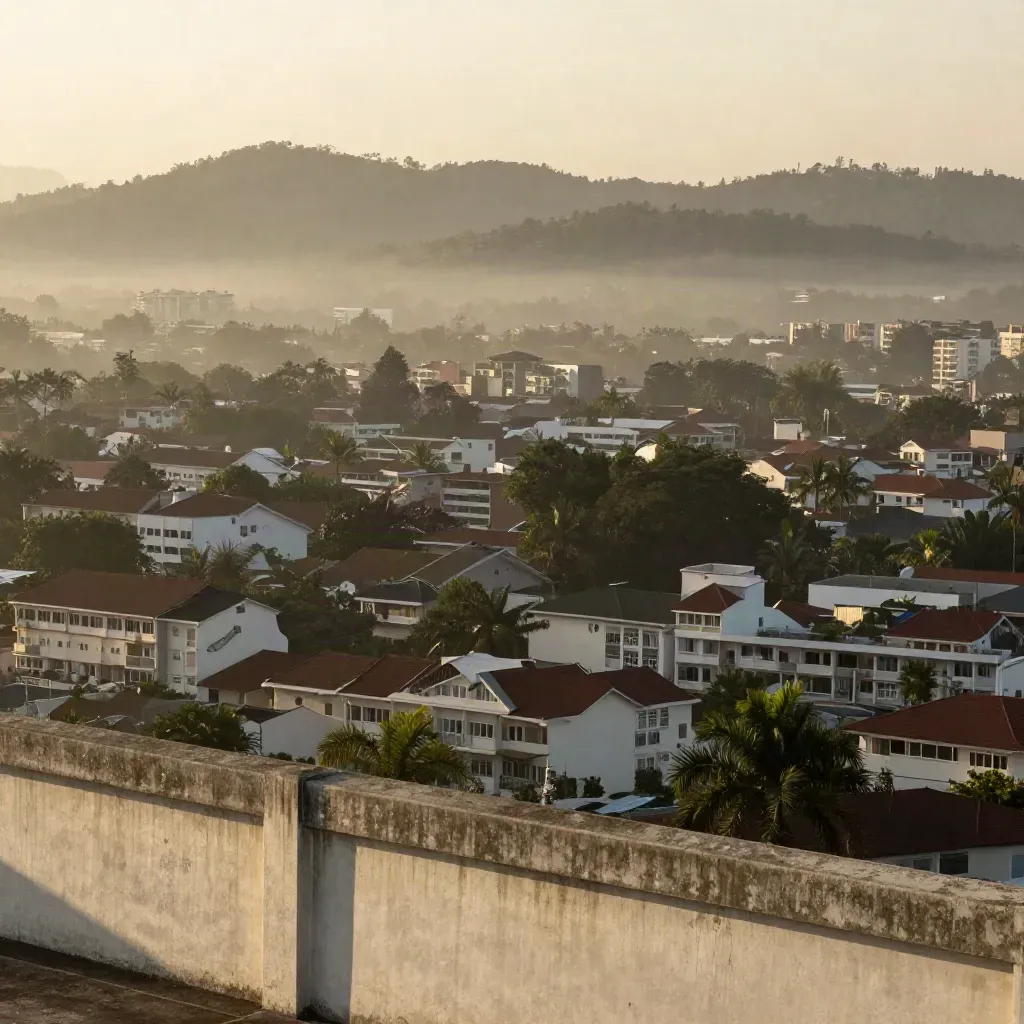 Pemandangan Selangor waktu pagi emas dengan blok rendah, pokok palma dan bukit berkabus.