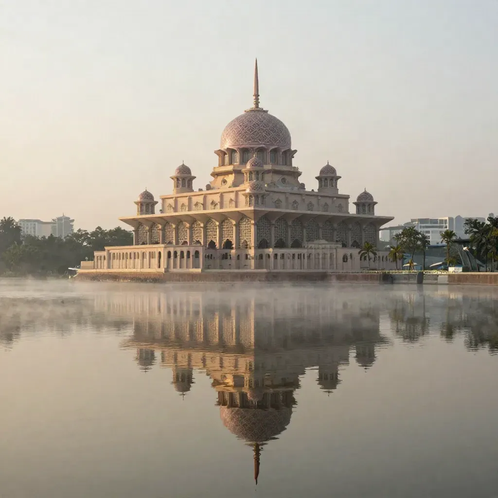Dome Putrajaya dan jambatan tasik terpantul pada air berkabus waktu fajar.