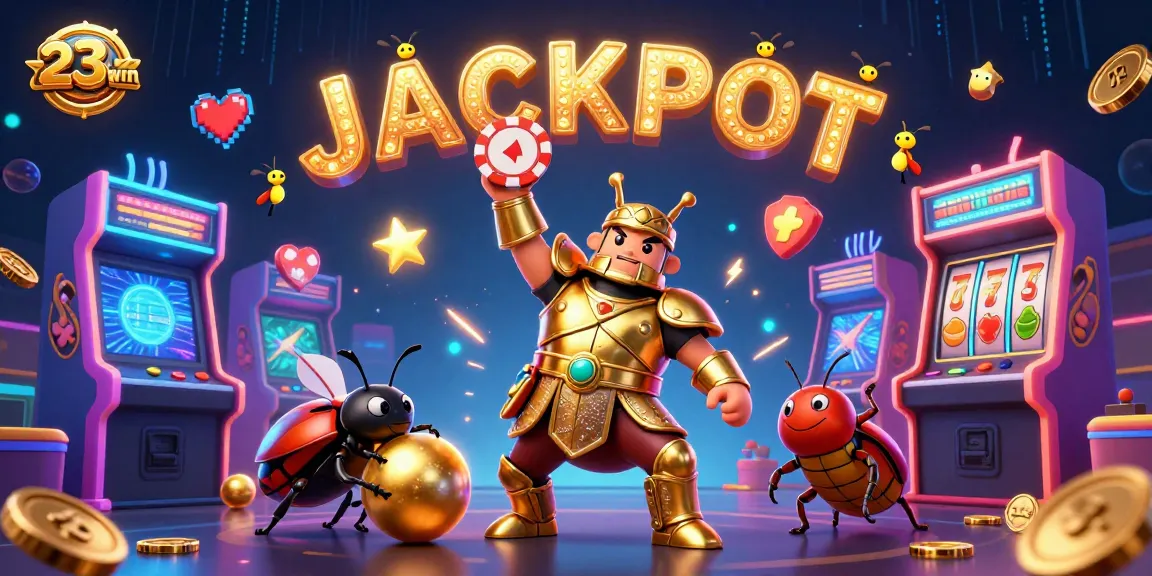Experience the thrill of winning with 23win as the heroic beetle lifts its poker chip in celebration amidst vibrant casino elements.