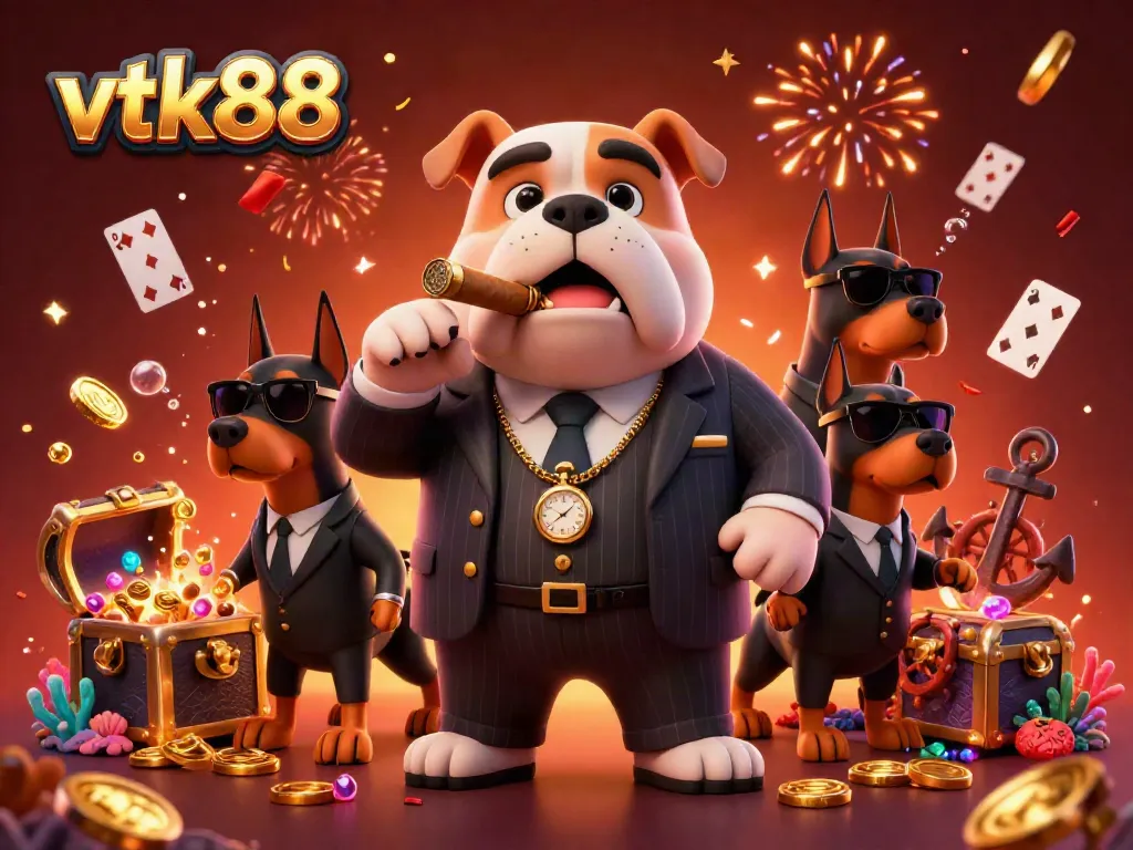 Engage in thrilling games at vtk88 with a vibrant 3D illustration of a mafia boss bulldog and bodyguard Dobermans.