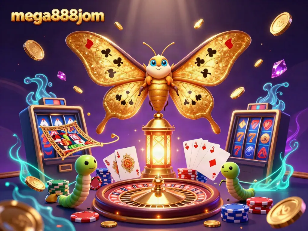 Win big with mega888jom as the 3D illustration features a vibrant casino scene of games and treasures.