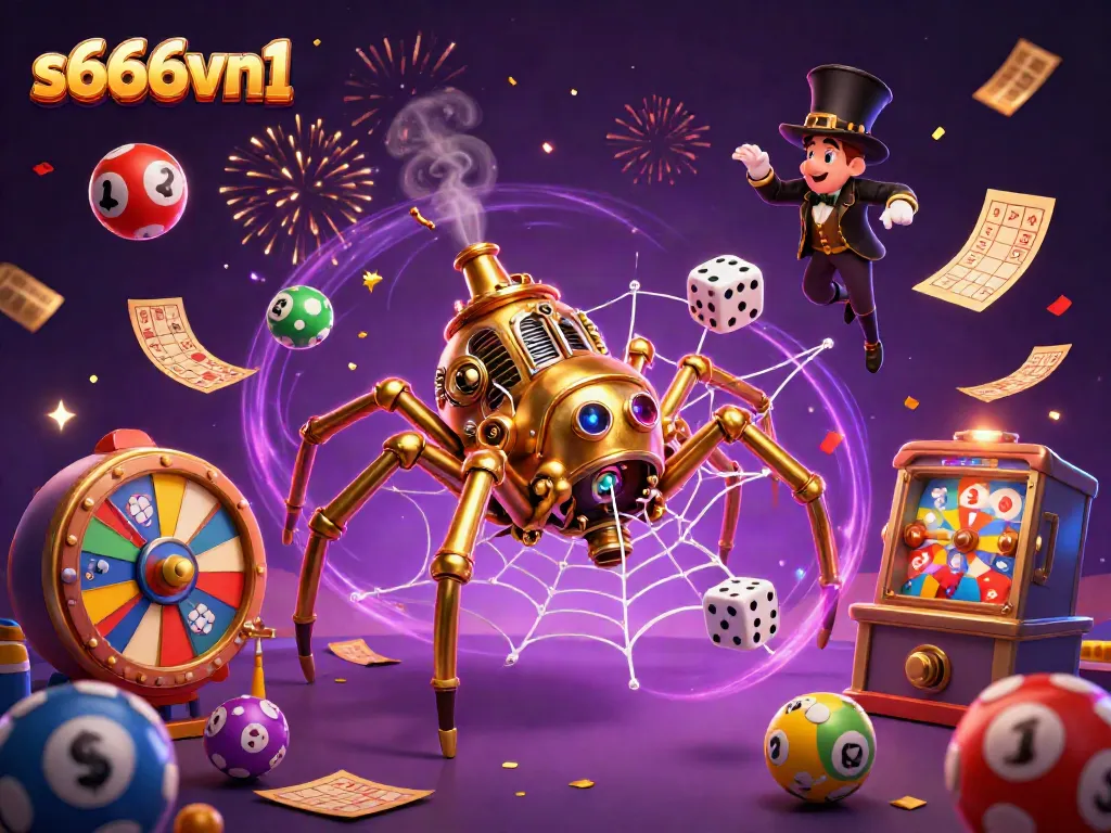 Experience thrilling gameplay with S666vn1 as a steampunk spider weaves webs of chance and luck amidst colorful lotteries.