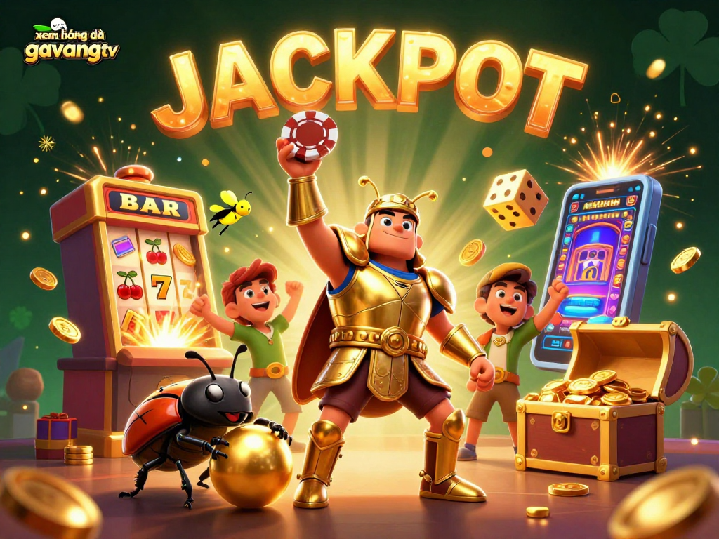 xem bóng đá gavangtv in a vibrant 3D casino scene featuring heroic beetles and exciting jackpot elements.