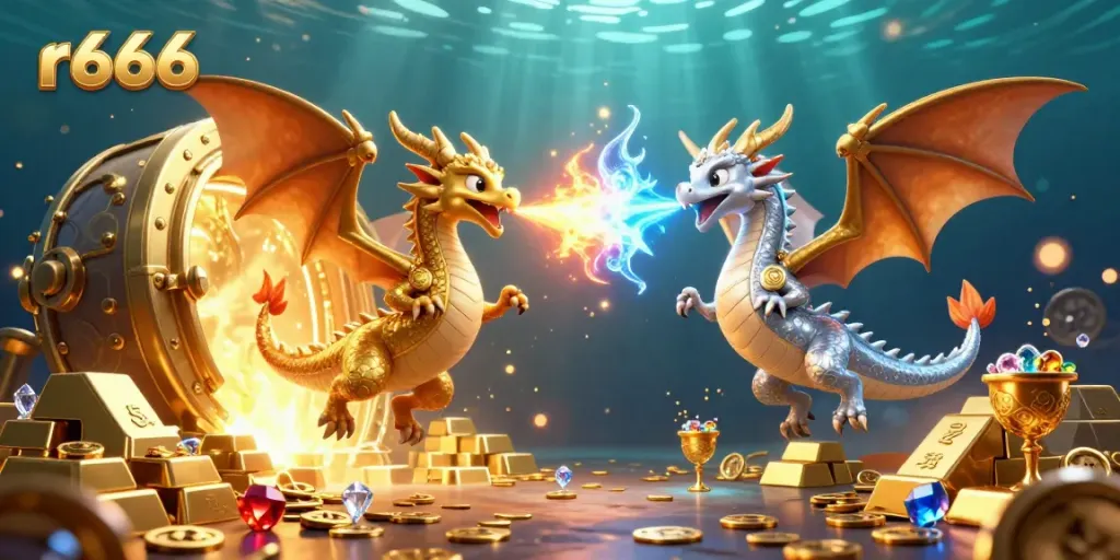 Experience the magic of r666 with golden dragons entwined, showcasing a vibrant casino fantasy of riches and excitement.