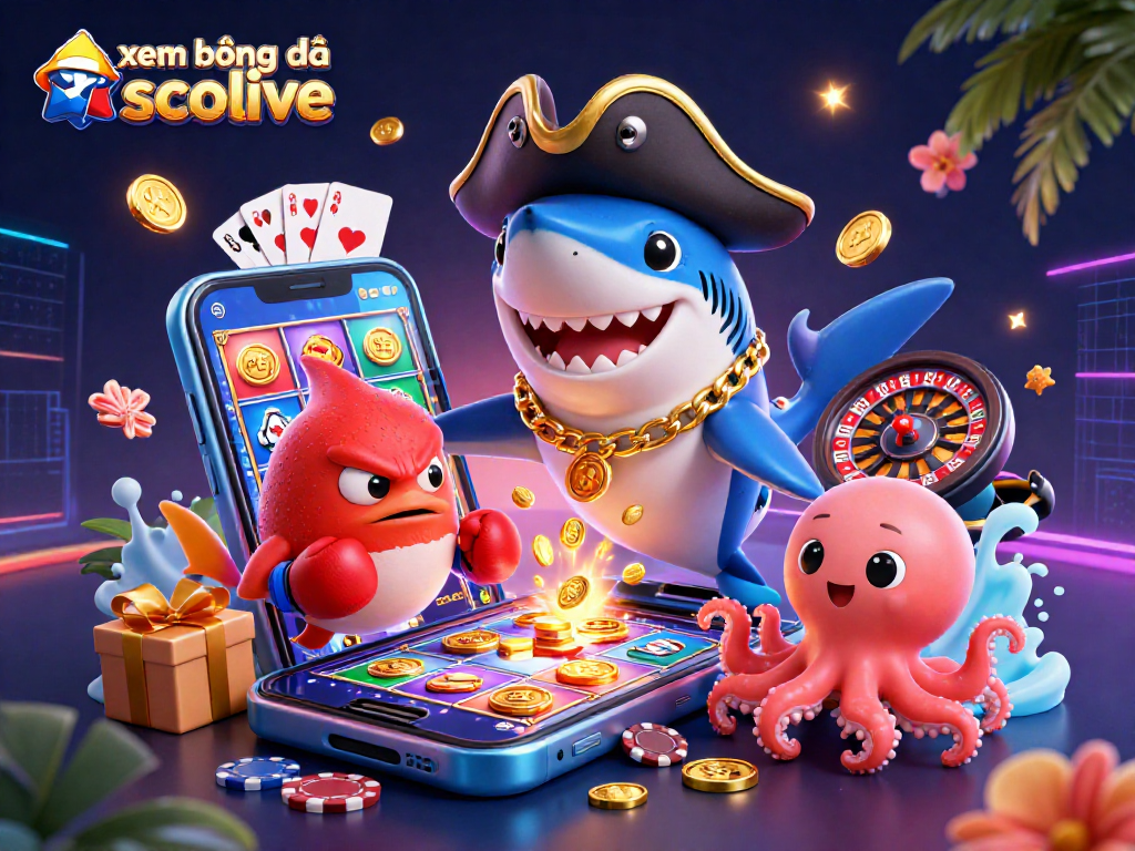 Experience xem bóng đá socolive in a dynamic, vibrant casino-themed illustration with playful characters.