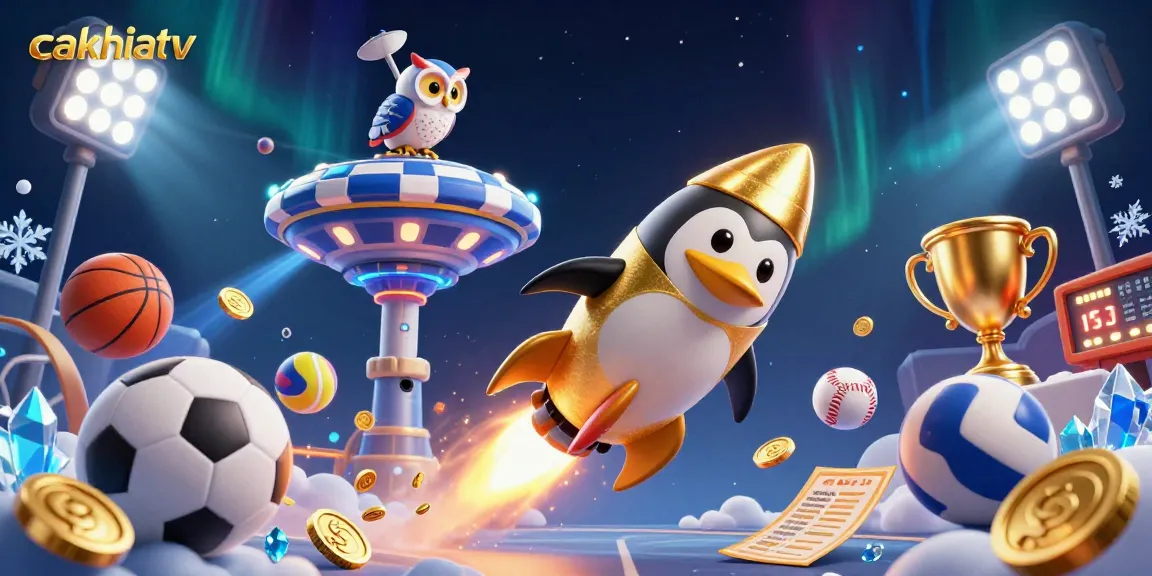 Join the cakhiatv experience with a golden penguin blasting through casino-themed space.