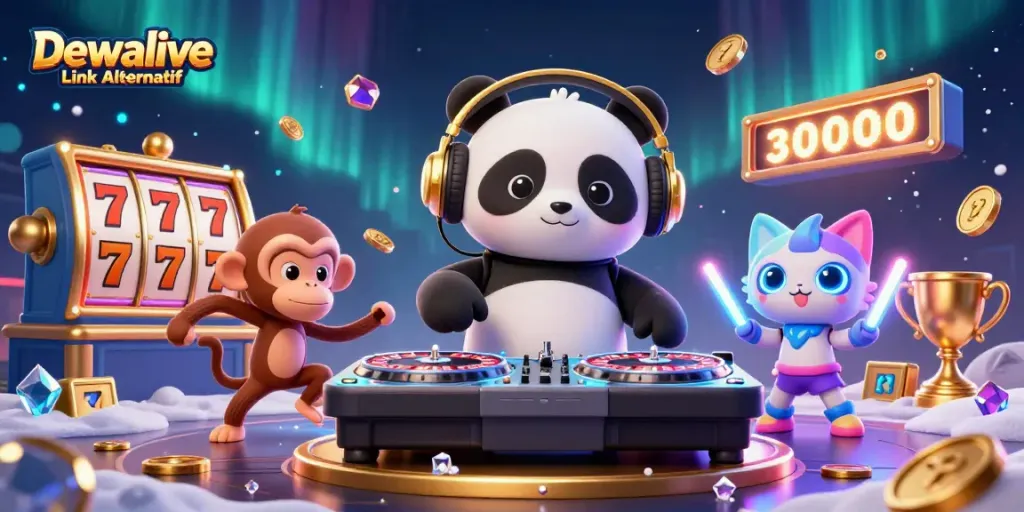 Dewalive Link Alternatif promotes winning strategies in a vibrant 3D casino scene with animated characters.