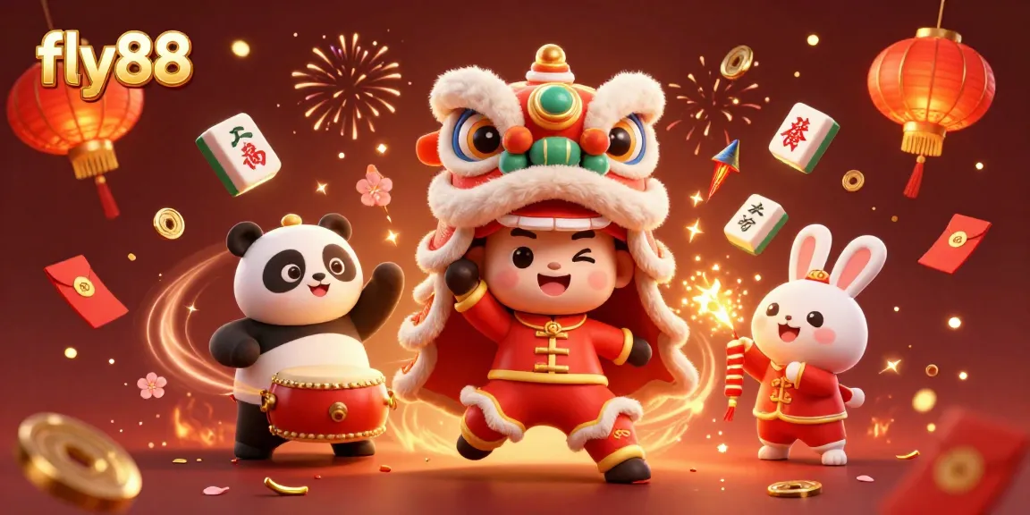 Experience thrilling wins at fly88 with a vibrant casino-themed illustration featuring festive characters.