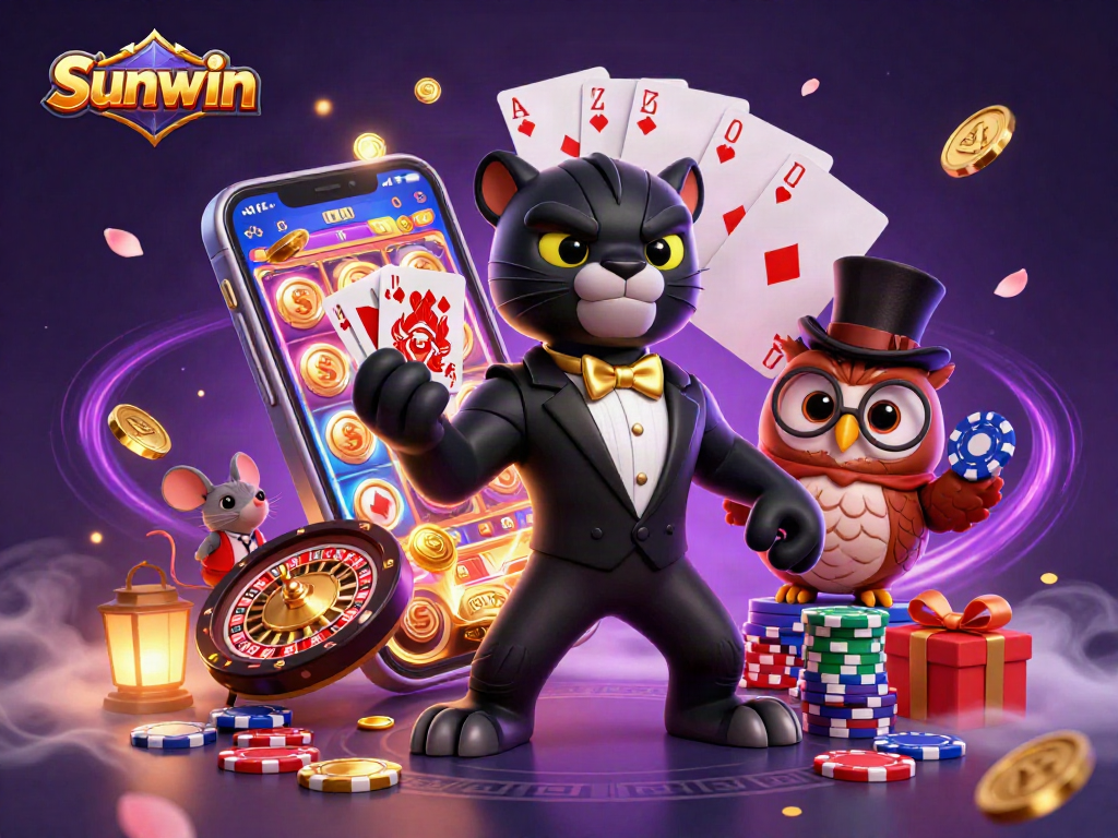 Sunwin players enjoying thrilling card games with lively 3D characters and a vibrant casino atmosphere