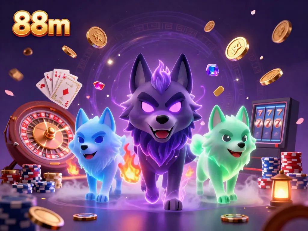 Engage with 88m's vibrant casino scene featuring ghostly wolves and gold coins.