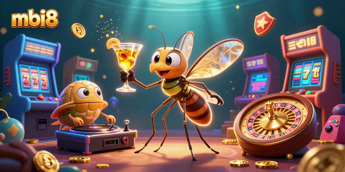 Win at mbi8 with thrilling games and golden cocktails in a vibrant casino scene.