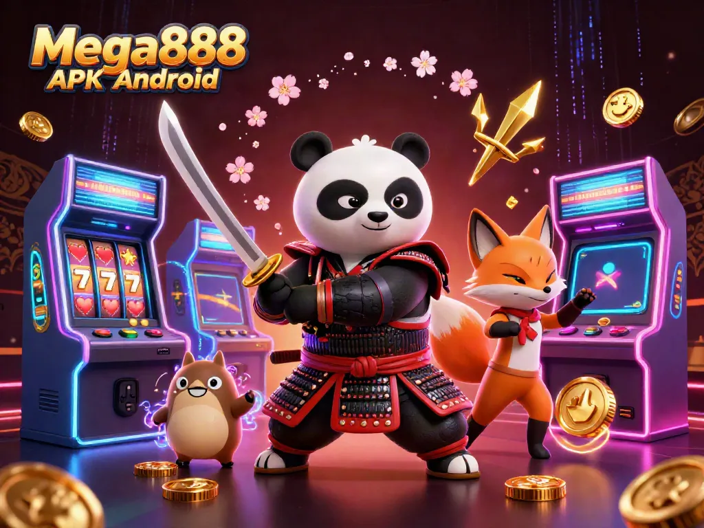 Engage with Mega888 APK Android, illustrated with vibrant characters and casino elements, enhancing gaming experience