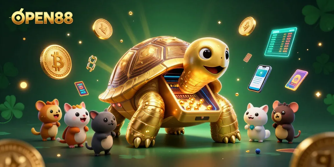 Engage in vibrant casino fun at OPEN88 with golden tortoise pinball and crypto elements.