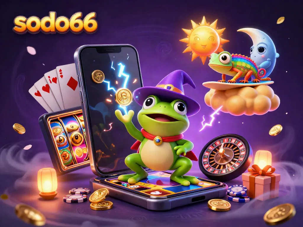 Experience sodo66 with a 3D weather wizard frog and chameleon creating a mesmerizing gaming storm.