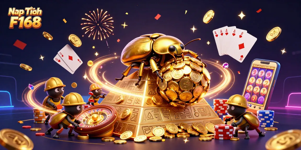 Nạp Tiền F168 engaging scene with cartoon beetles and casino elements, promoting exciting game interactions.