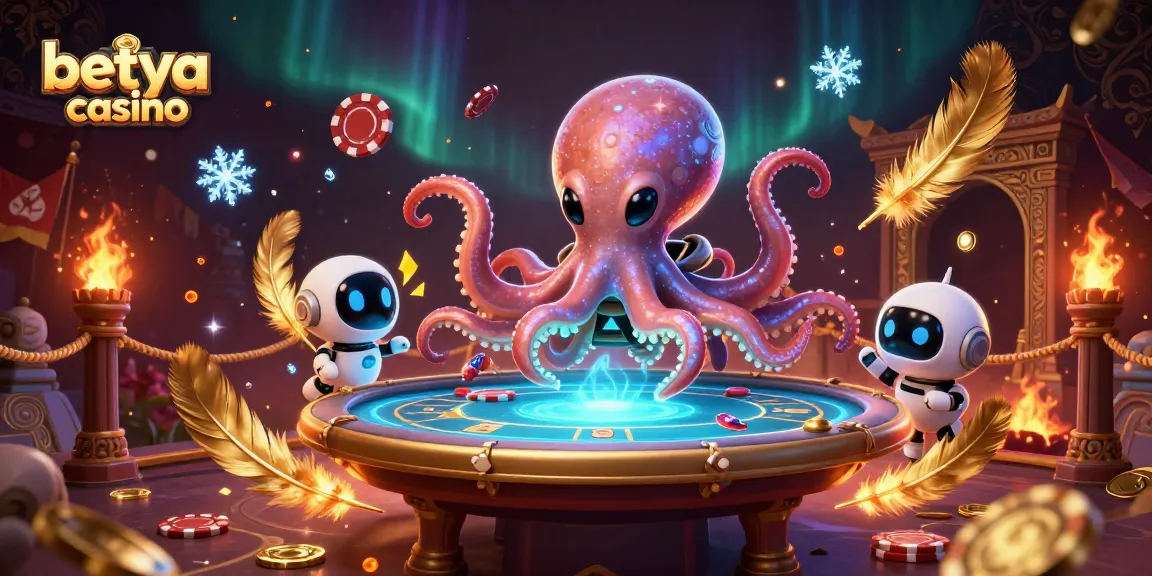 Engage with exciting games at betya casino featuring an alien octopus and robot at a holographic poker table.