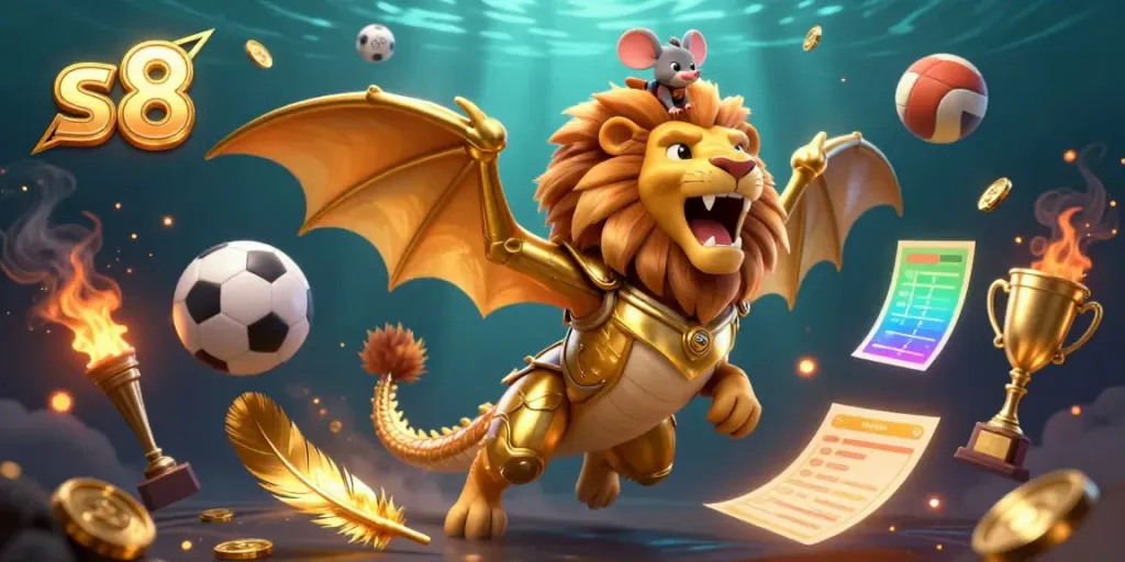 Engage in thrilling sports betting action with s8’s dynamic and colorful mascot illustration.
