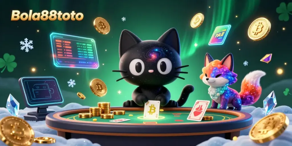 Bola88toto cosmic casino scene with a black hole cat and nebula fox attracting bets and golden chips.