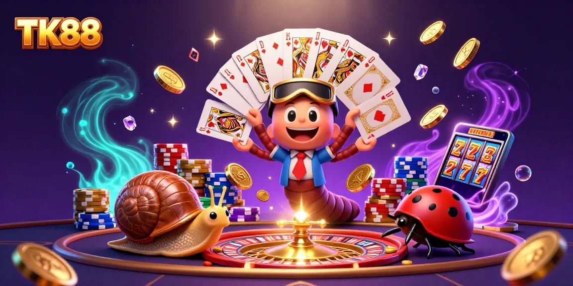 Engage with TK88's vibrant casino experience featuring a millipede dealer and lively game elements.