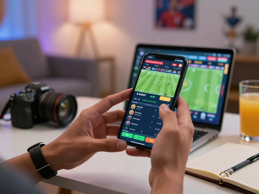 Person engaged in keo nha cai betting using smartphone in a lively home setting.