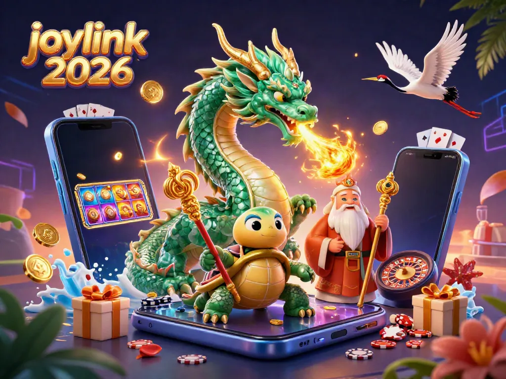 Engage in fun with joylink 2026, showcasing a vibrant 3D casino scene featuring a dragon, turtle sage, and lucky cranes.