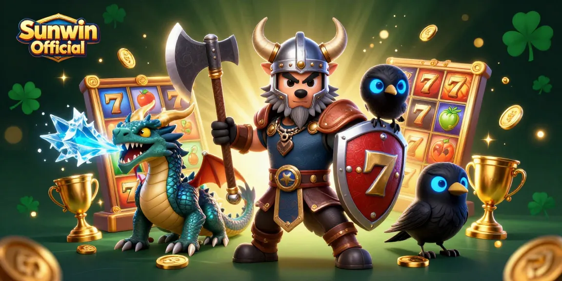 Experience the excitement at Sunwin Official with this vibrant 3D casino adventure illustration featuring a Viking wolf warrior, dragon, and raven.
