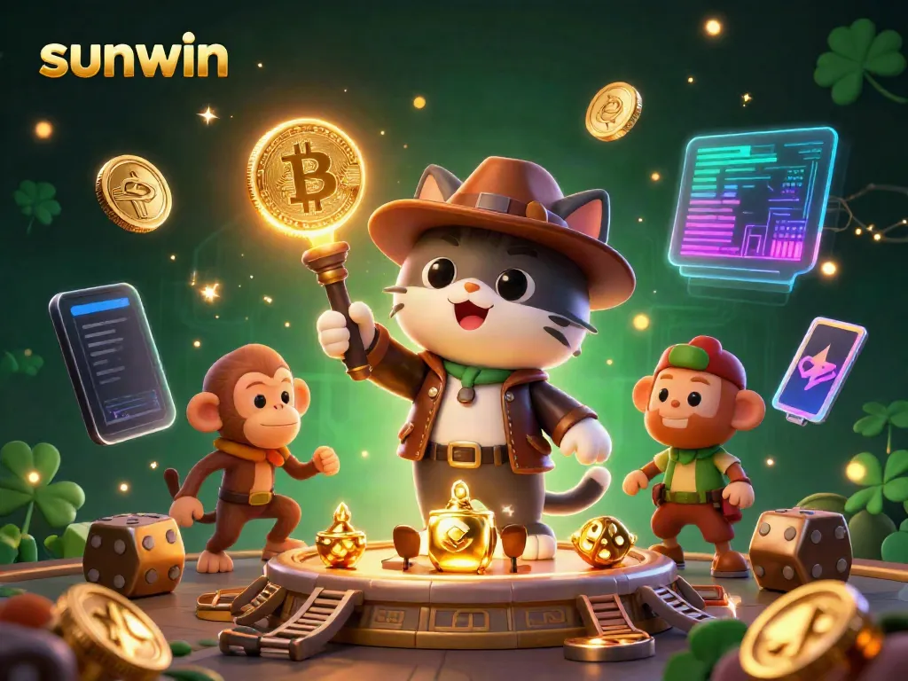 Engage in thrilling games at Sunwin, where a cat explorer and monkey discover treasures among Bitcoin and Ethereum coins.